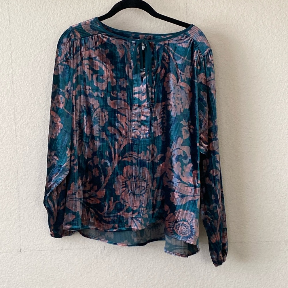 Anthropologie Floral Peasant Blouse Green Velvet NWOT